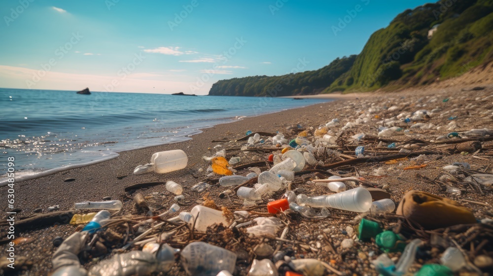 Garbage on ocean's shore, environment pollution Garbage on ocean's shore, environment pollution