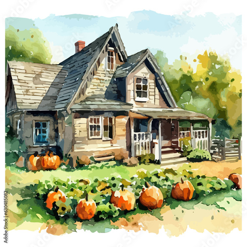 rustic farmhouse with a pumpkin patch in the front yard watercolor illustration
