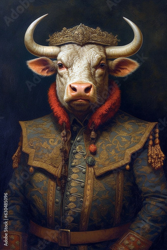 Fototapeta Naklejka Na Ścianę i Meble -  Simulation of a classic oil painting of a bull in military clothing