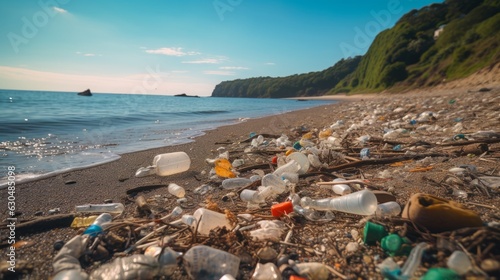 Garbage on ocean's shore, environment pollution
