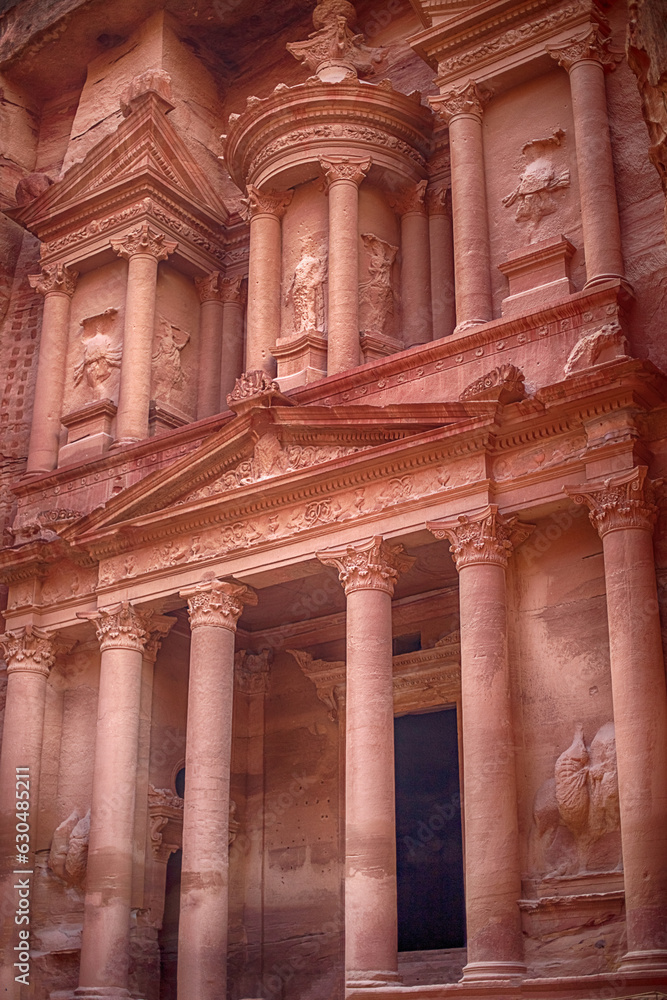 View of the Al-Khazneh Palace or Treasury in Petra, Jordan.