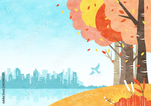 秋の紅葉と海沿いの街の風景 自然と都会の水彩背景イラスト