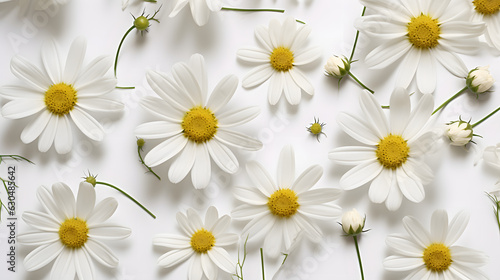 Bright chamomile daisy flower bud and stems pattern on white background. Aesthetic summer flower texture background