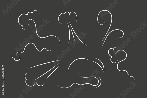 Outline drawing of a breath of wind.Wind blow set in line style.Wave flowing illustration with hand drawn doodle cartoon style.