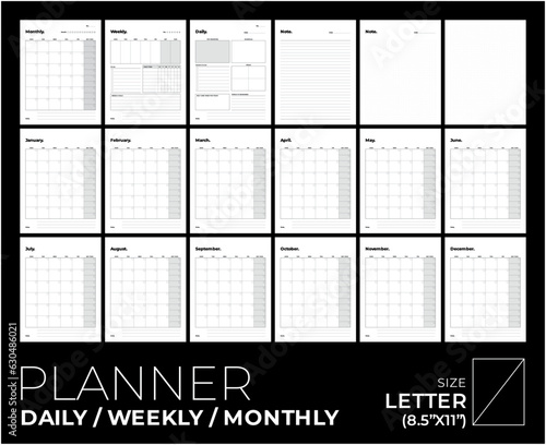 Vector planner pages templates, daily, weekly, monthly minimal design, black & white color