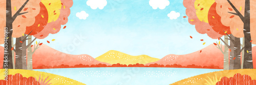 秋の海と自然の風景 紅葉した山や木の水彩背景イラスト