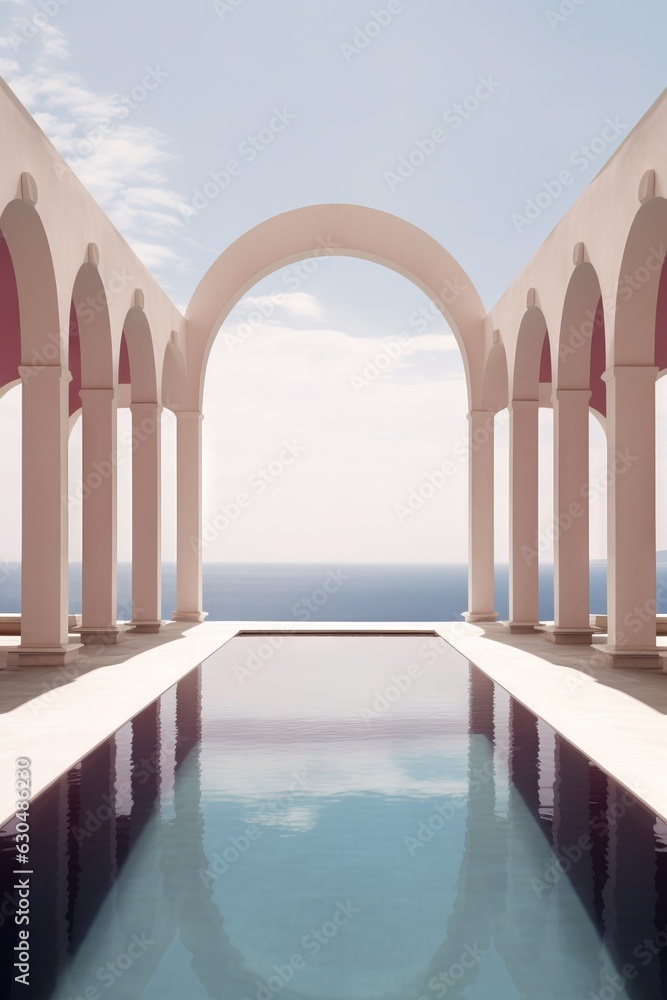arches and pool with sea view on background