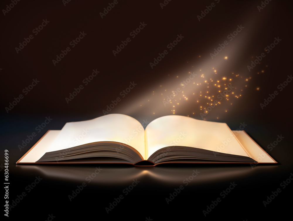 Open book with rays of light on dark background. Generative AI Open book with rays of light on dark background. Generative AI