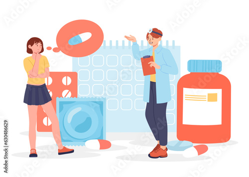 People with sex education concept. Man and woman with contraception. Biology and anatomy. Gynecologist with patient near tablets and calendar. Poster or banner. Cartoon flat vector illustration