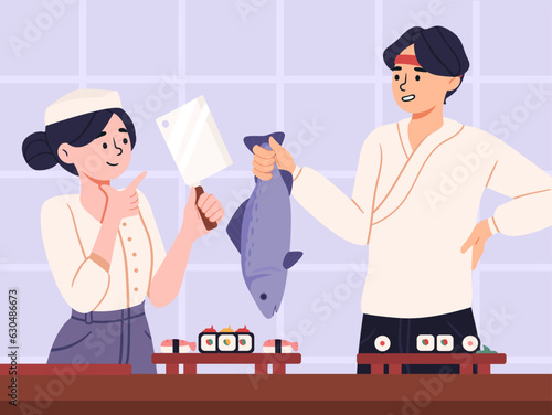 Sushi chef with fish concept. Man and woman with knife and salmon. Fast food, menu or cafe. Traditional asian cuisine. Making sushi or rolls. Poster or banner. Cartoon flat vector illustration