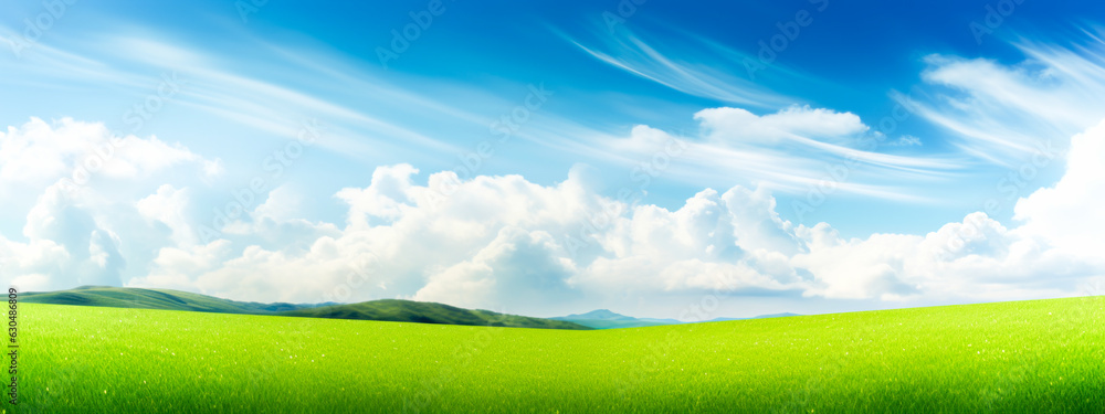 Obraz premium landscape panorama on a meadow among greenery, nature, mountains. Bright sun, grass and flowers. wide format. Ai generation