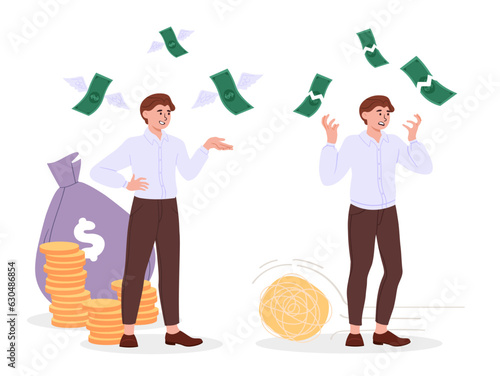Two man and his money concept. Successful and unsuccessful entrepreneur. Poor and rich young guy. Social inequality and income stratification, money gap. Cartoon flat vector illustration