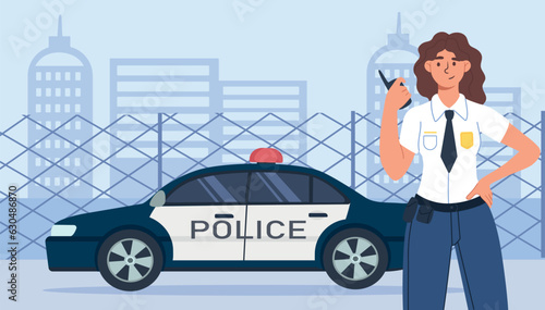 Woman police with car concept. Young girl near automobile. Protecting people from criminals. Street patrol and help. Detective with walkie talkie. Cartoon flat vector illustration