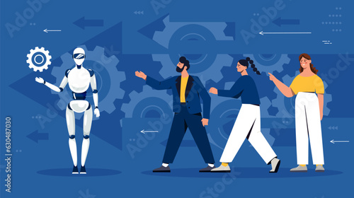 People with robot progress concept. Artificial intelligence and machine learning. Men and woman with cyborg. Modern technologies and innovations. Cartoon flat vector illustration