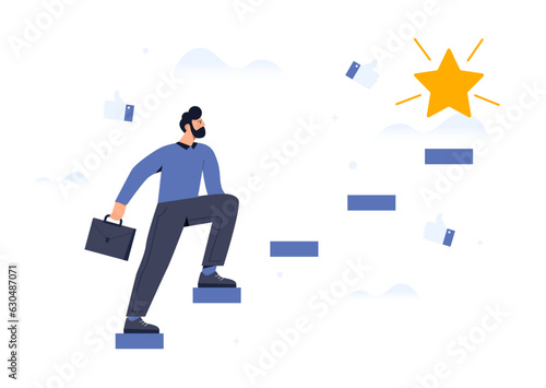 Man in way to star concept. Young guy climing at steps. Motivation. Leadership and success. Entrepreneur and businessman. Vision for future and progress. Cartoon flat vector illustration