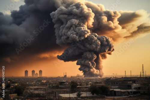 A large explosion in a city, with a cloud of black and gray smoke covering a large part of the sky and blocking the sun