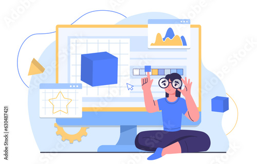 Woman 3D editor concept. Young girl in glasses with geometric objects. Designer and freelancer, remote worker. Character with cube model editing online page. Cartoon flat vector illustration