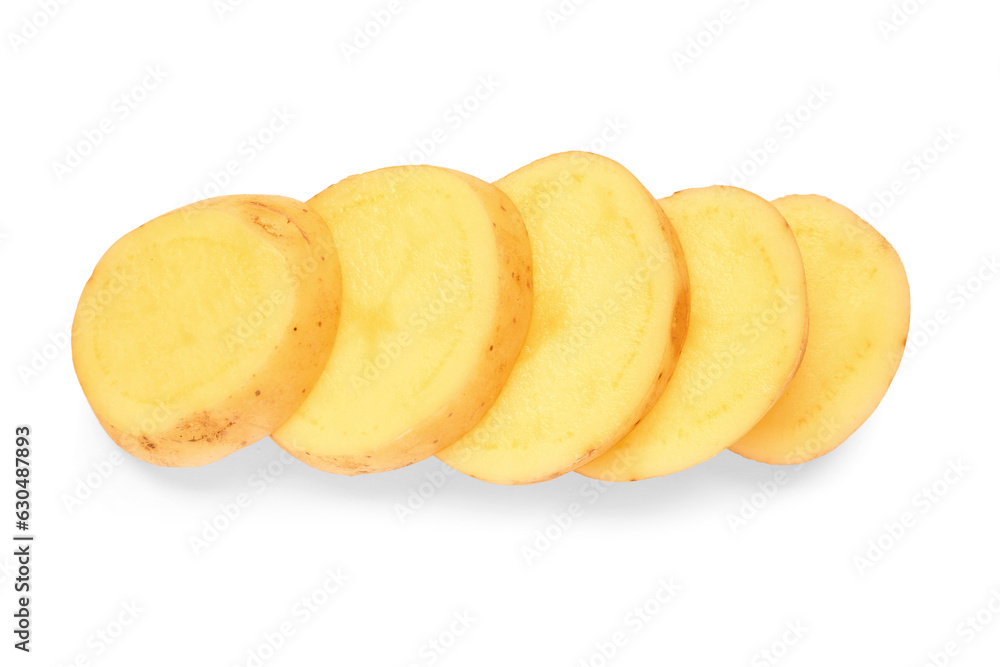 Slices of fresh raw potato on white background Slices of fresh raw potato on white background