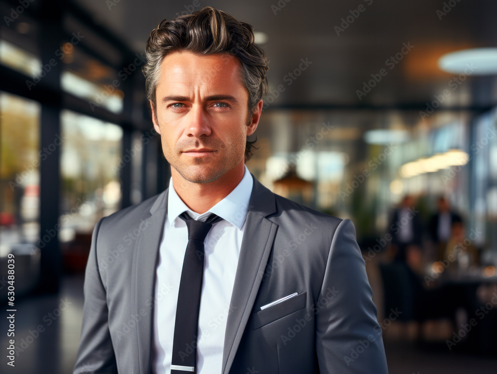 Portrait of a handsome businessman in a business suit looking at camera. Generative AI Portrait of a handsome businessman in a business suit looking at camera. Generative AI