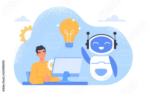 Man with chat bot concept. Innovations and modern technologies. Workplace employee with robot. Machine learning and artificial intelligence, process automation. Cartoon flat vector illustration