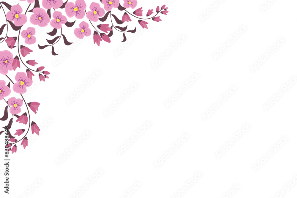 Pink floral background. Spring banner floral decoration with cute blooming flowers .border on white background.Vector horizontal banner Summer flora frame, Beautiful botanical. Pink floral background. Spring banner floral decoration with cute blooming flowers .border on white background.Vector horizontal banner Summer flora frame, Beautiful botanical.