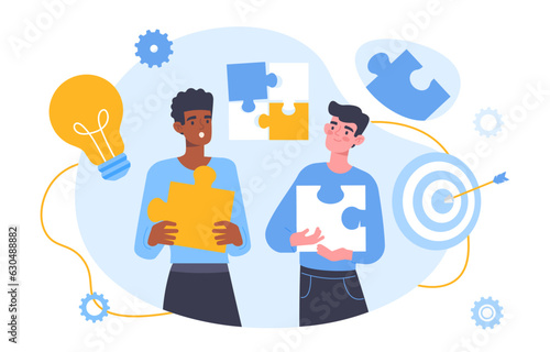 Men with project organization concept. Organization of effective process in office. Teamwork and partnership. Collaboration and cooperation. People with puzzles. Cartoon flat vector illustration