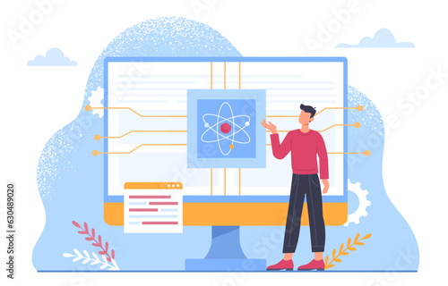 Man with quantum concept. Young guy near computer monitor. Circuit board and CPU. Modern technologies and innovations. Physics and atom structure. Cartoon flat vector illustration