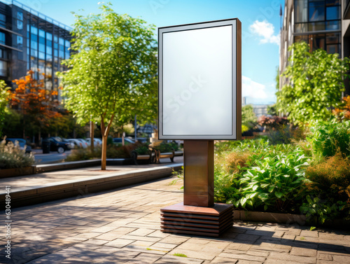 Blank street billboard poster stand in city. Generative AI
