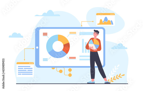 Man with control system concept. Young guy with infographic. Analyst with charts, graphs and diagrams. Data visualization and working with statistics. Cartoon flat vector illustration