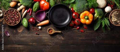 Clean eating food featuring a variety of organic vegetable ingredients  accompanied by an empty iron cooking pot  wooden bowls  and spoons on a wooden background. This top view composition offers