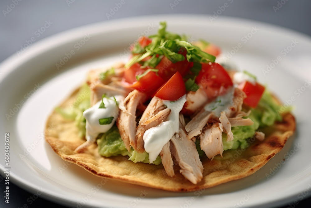 Mexican tacos with chicken, avocado, tomatoes and salsa on wooden background Mexican tacos with chicken, avocado, tomatoes and salsa on wooden background