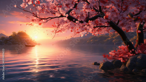 cherry blossom in a river bank with view of sunset © amila