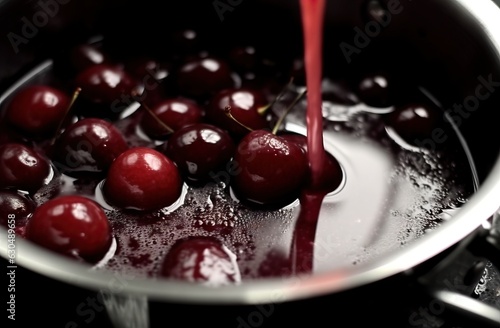 cherry juice being poured into a saucepan, close-up