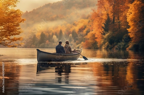 Couple in a boat on the lake in the autumn forest.