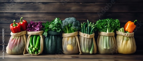 Bags with fresh vegetables on wooden background. Zero waste concept.