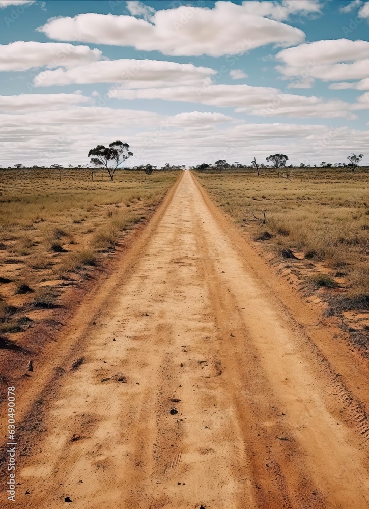 Dirt road in the Australian outback with dry grass and trees Dirt road in the Australian outback with dry grass and trees