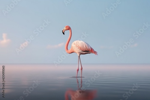 Pink flamingo in the water on a background of blue sky.