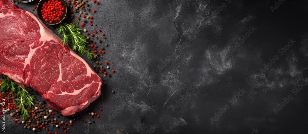 A top view of raw organic meat (beef or lamb) on a dark slate, metal, stone, or concrete background, with copy space.