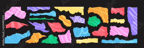 Colofrul torn paper with jagged edges and textures. Ripped cutots for collage, weathered and distressed style. Vector illustration of rough shapes as retro design templates.