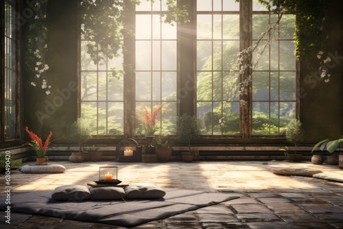 A serene image of a quiet meditation room in the mental hospital, designed to promote relaxation and mindfulness. Generative AI