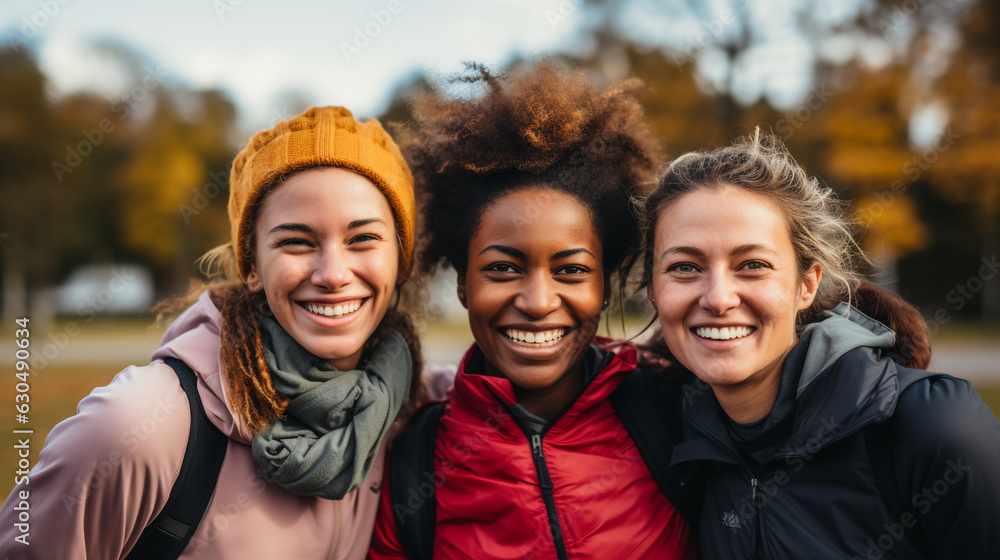 Happy multiracial female friends having fun smiling in front of the camera after training session at park made with AI generative technology Happy multiracial female friends having fun smiling in front of the camera after training session at park made with AI generative technology