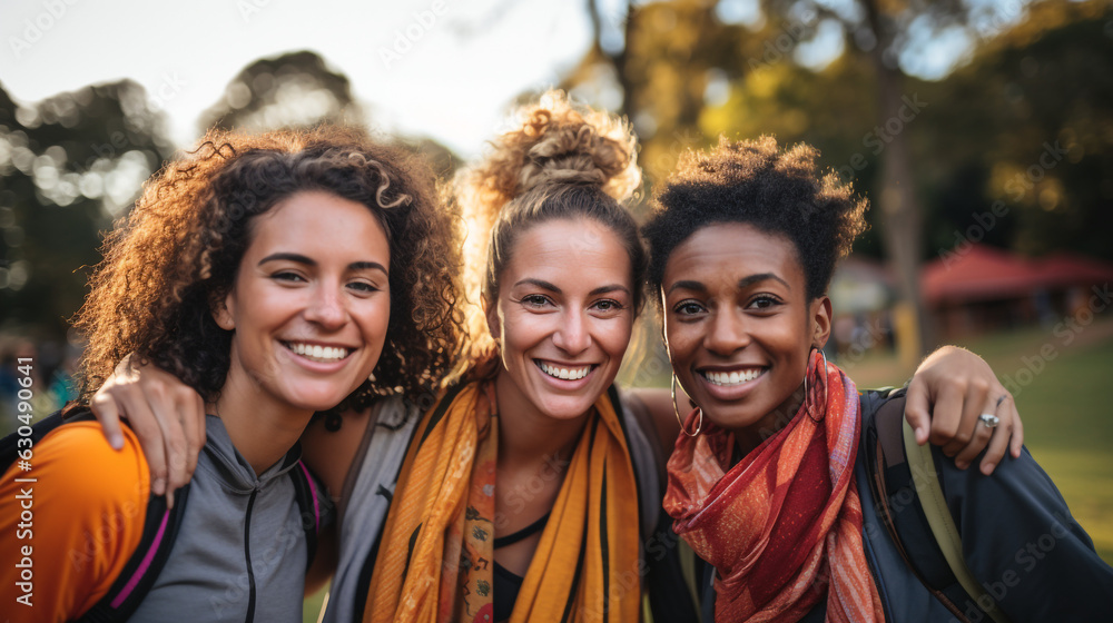 Happy multiracial female friends having fun smiling in front of the camera after training session at park made with AI generative technology Happy multiracial female friends having fun smiling in front of the camera after training session at park made with AI generative technology