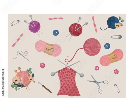 Handmade, knitting supplies set. Wool balls. Cartoon doodle objects, hobby tools