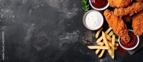 shows breaded chicken strips with French fries and ketchup on a gray background, taken from a top-down view. empty space available for additional content.