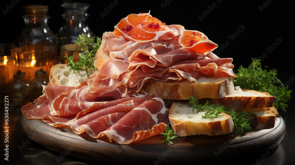 Prosciutto Slices on Stone Background. Generative AI. Prosciutto Slices on Stone Background. Generative AI.