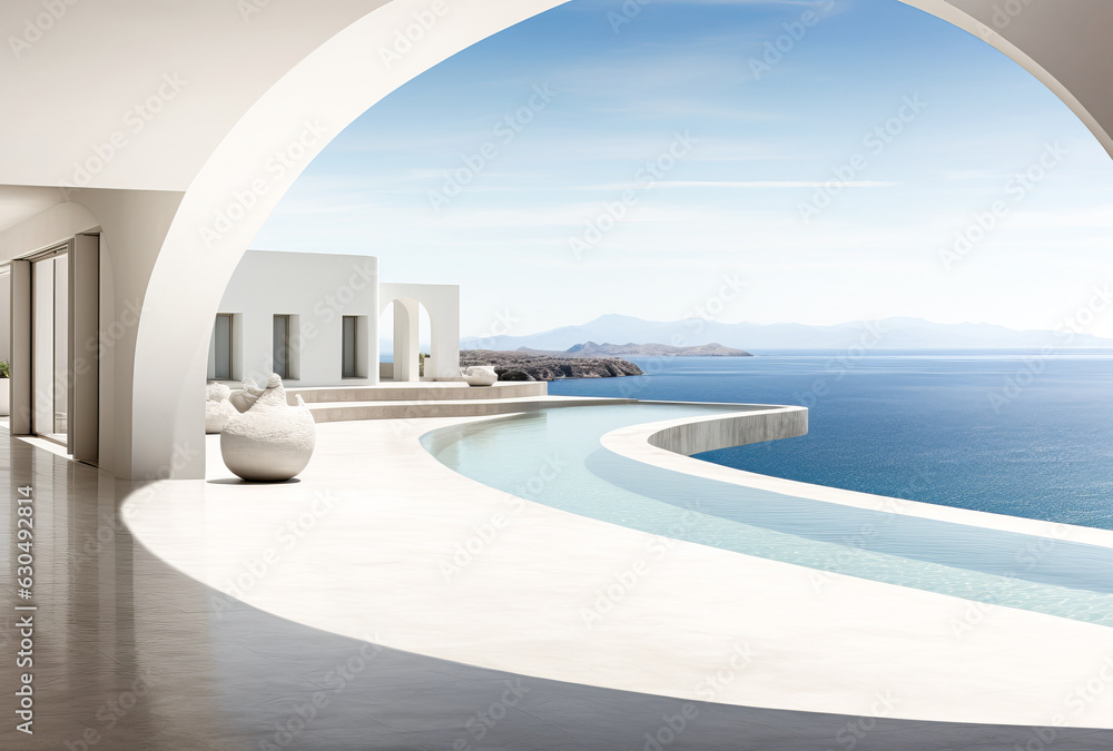 Enjoy the splendor of the sea from this elegant white patio. Its rounded architecture seamlessly integrates with the natural curves of the coast... Ai generation