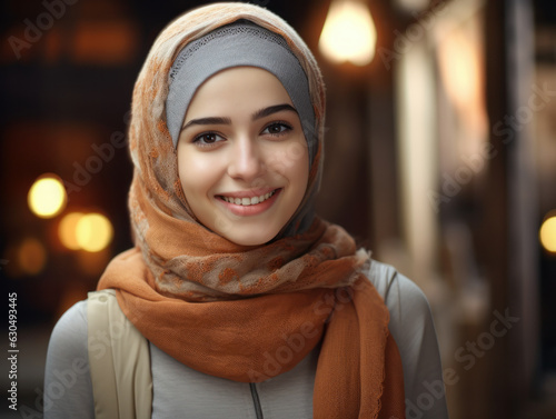 Portrait of islamic woman wearing hijjab smiling. 