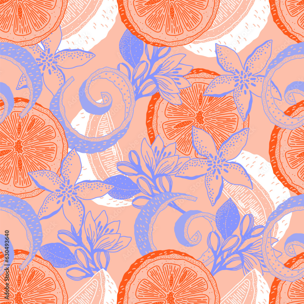 Orange pattern. Fruit citrus, lemon, summer flowers, tropical floral blossom, vintage spring food branch, nature. Vector seamless illustration 