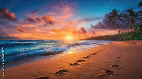 Footprints in the sand at sunrise. Generative AI