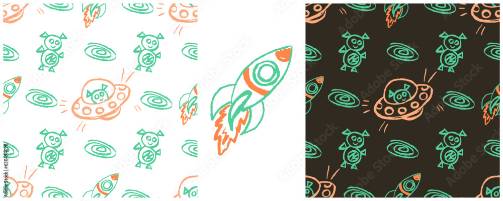 Fototapeta premium Set drawings with wax crayons. Print for cloth design, textile, fabric, wallpaper, wrapping paper